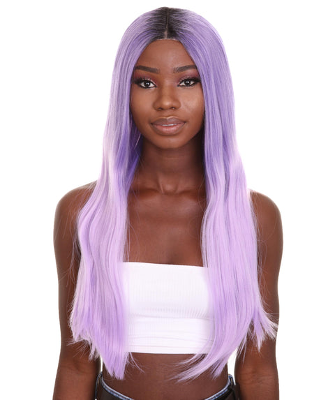Nunique Adult Women's 23" In. Social Media Influencer Inspired Wig - Long Length Lilac Purple Hair with Dark Roots - Lace Front Heat Resistant Fibers | Nunique