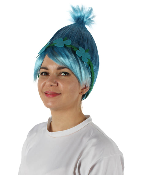 Princess Troll | Pink Pointy wig with Green and Blue Felt Flower Crown | Premium Halloween Wigs