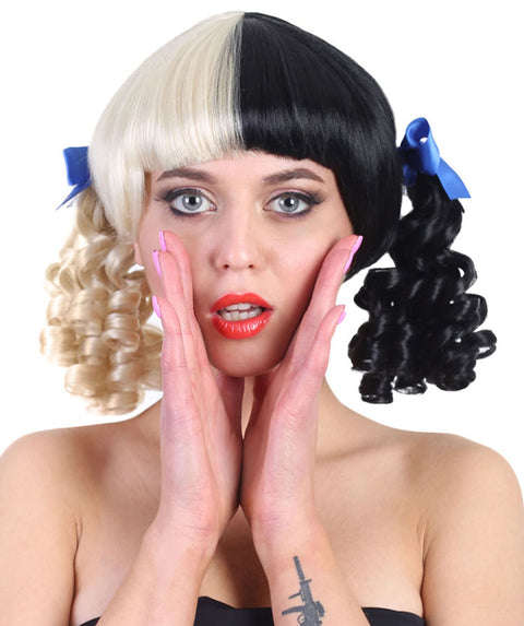 Women's Wig | Curly Ponytail Wig w/ Blue Ribbons, Black & Blonde Celebrity Wig | Premium Breathable Capless Cap
