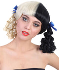 Women's Wig | Curly Ponytail Wig w/ Blue Ribbons, Black & Blonde Celebrity Wig | Premium Breathable Capless Cap
