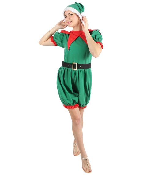 Women’s Christmas Santa Elf Costume with Green-white Hat