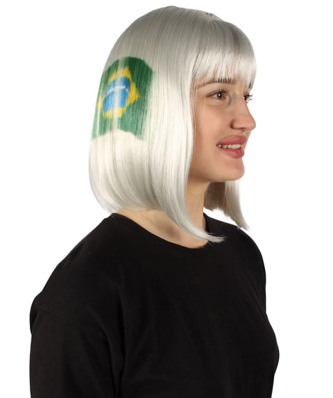 Adult Women’s Flag-themed Medium Length Bob Wig with Bangs for Sporting Events, Multiple Countries Option, Flame-retardant Synthetic Fiber Wigs | HPO