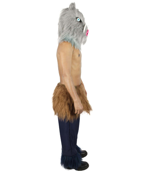  Men's Japanese Anime Demon Beast Fighter Cosplay Bundle Fluffy Boar's Head Mask with Pants and Waist Fur