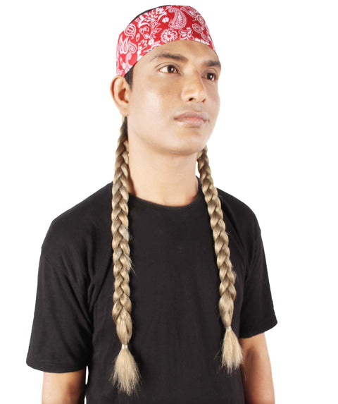 Unisex Legendary Country Singer Long Braids Attached to Red Floral Bandana