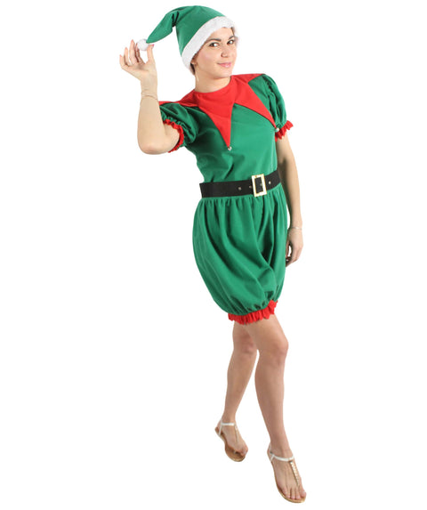 Women’s Christmas Santa Elf Costume with Green-white Hat