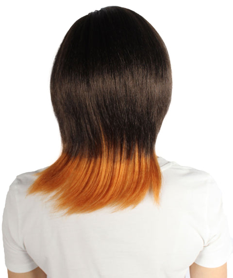 Women’s Short Black Yarn Mullet Wig with Orange Streaks
