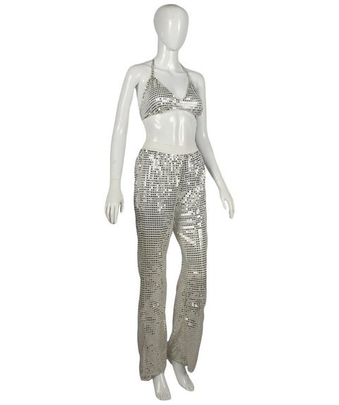 HPO Pryzm Femme Disco Babe Costume - Includes Silver Sequin Bralette and Wide Leg Pants