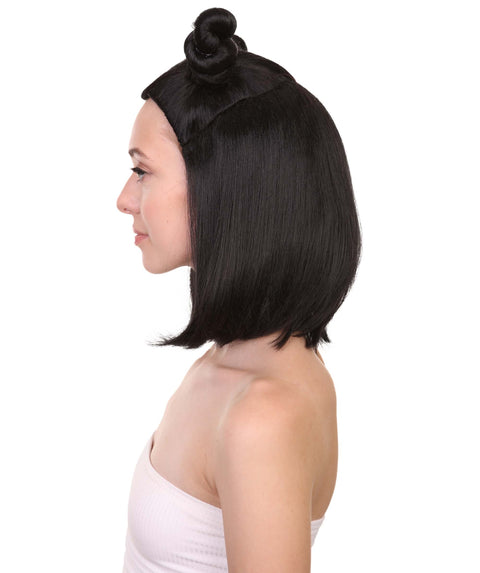 Shoulder Length Double Bun Black Hair Women's Wig - Capless Cap Design