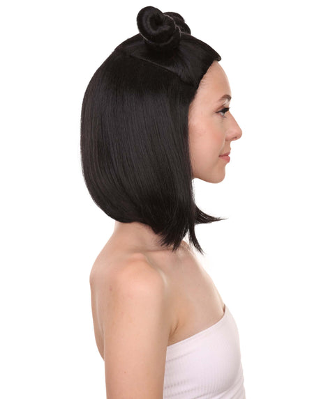 Shoulder Length Double Bun Black Hair Women's Wig - Capless Cap Design